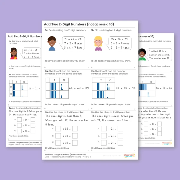Year 2 Add Two 2-Digit Numbers (not across a 10) Addition and Subtraction Reasoning and Problem Solving