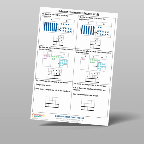An image of the Subtract Two Numbers (Across a 10) Varied Fluency Resource