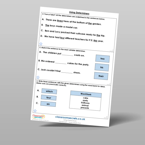 An image of the Using Determiners Homework Resource