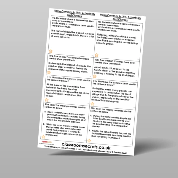 An image of the Free Using Commas in Lists, Adverbials and Clauses Varied Fluency Resource