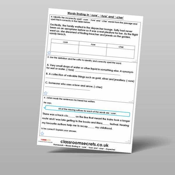An image of the Words Ending in '-sure', '-ture' and '-cher' Homework Resource