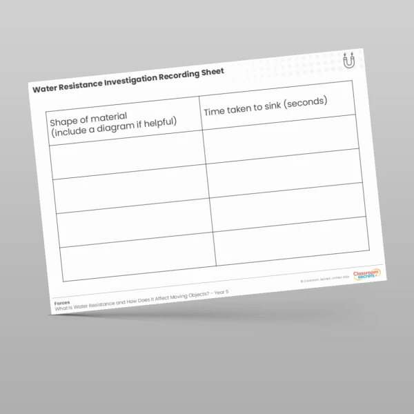 An image of the Water Resistance Investigation Recording Worksheet Resource