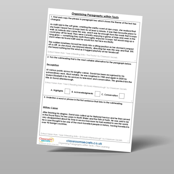 An image of the Organising Paragraphs within Texts Prior Learning Resource