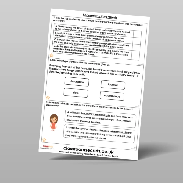 An image of the Free Recognising Parenthesis Homework Resource