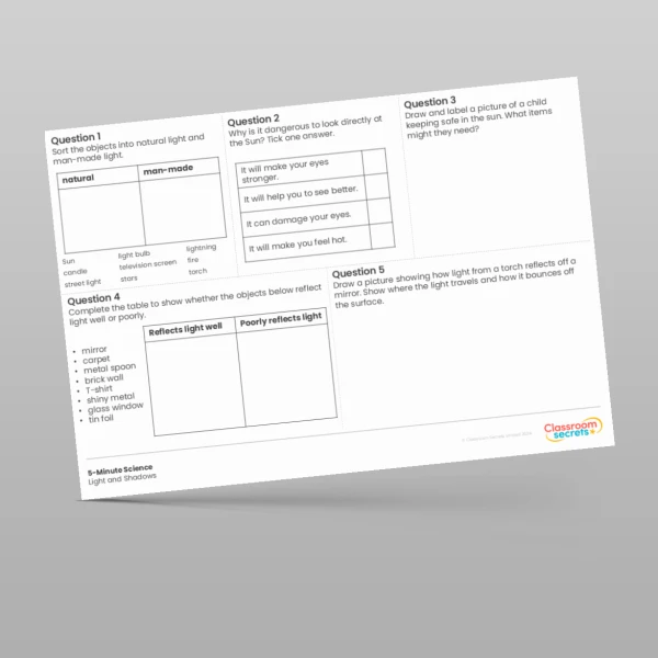An image of the Light and Shadows 5-Minute Science Resource