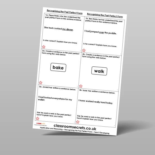 An image of the Recognising the Past Perfect Form Application and Reasoning Resource