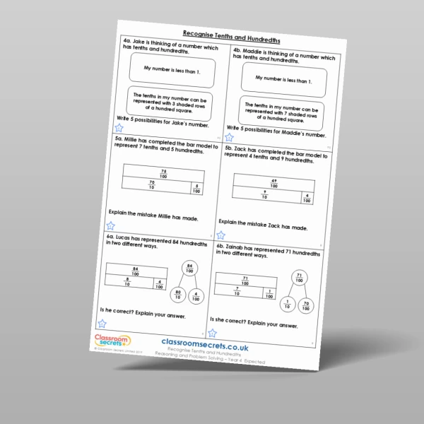 An image of the Recognise Tenths and Hundredths Reasoning and Problem Solving Resource