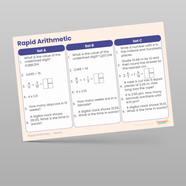 An image of the Spring 2 Week 1 Rapid Arithmetic Resource