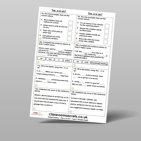 An image of the The, a or an? Varied Fluency Resource