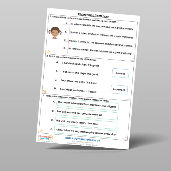 An image of the Recognising Sentences Homework Resource