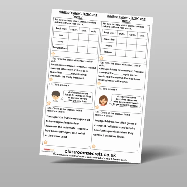 An image of the Adding ‘super-’, ‘anti-’ and ‘auto-’ Varied Fluency Resource