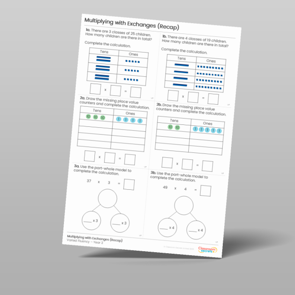 Year 3 Multiplying With Exchanges Recap Varied Fluency Resource ...