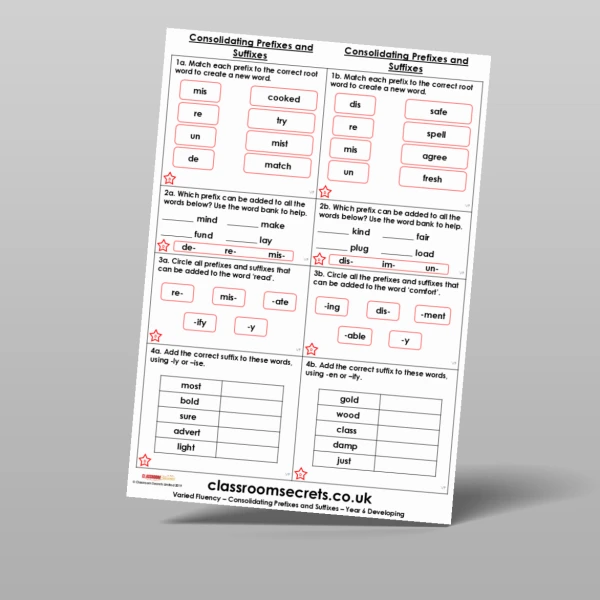 An image of the Consolidating Prefixes and Suffixes Varied Fluency Resource
