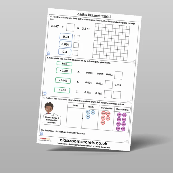 An image of the Adding Decimals within 1 Homework Resource