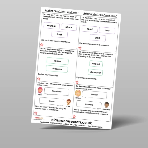An image of the Free Adding 'de-', 'dis-', and 'mis-' Application and Reasoning Resource