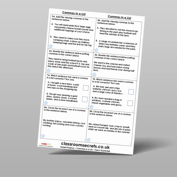 An image of the Free Commas in a List Varied Fluency Resource