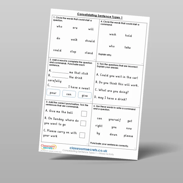 An image of the Consolidating Sentence Types 1 Mixed Activity Resource