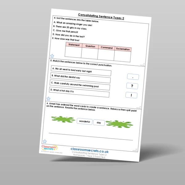 An image of the Consolidating Sentence Types 2 Homework Resource