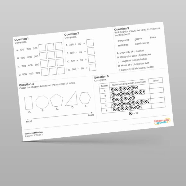 An image of the Autumn 2 Week 3 Maths in Minutes Resource
