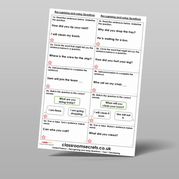 An image of the Recognising and using Questions Varied Fluency Resource