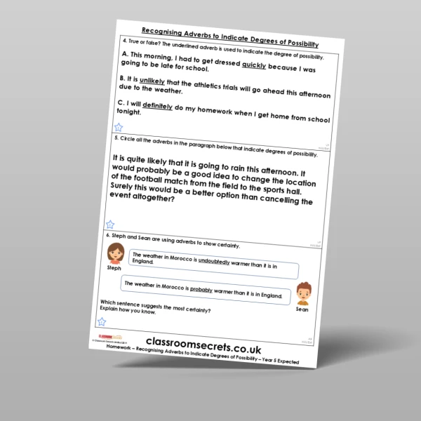 An image of the Recognising Adverbs to Indicate Degrees of Possibility Homework Resource