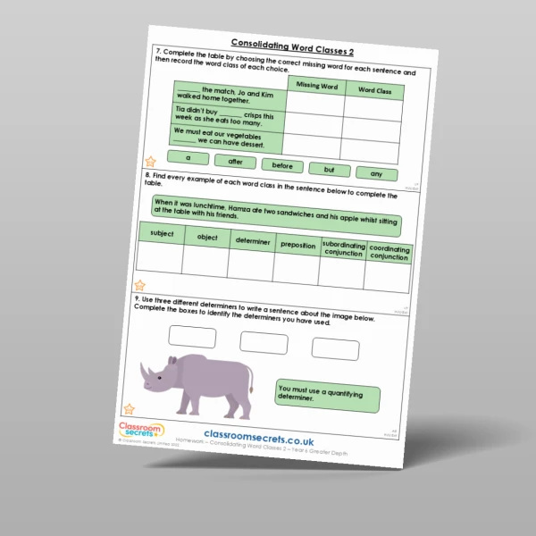 An image of the Consolidating Word Classes 2 Homework Resource