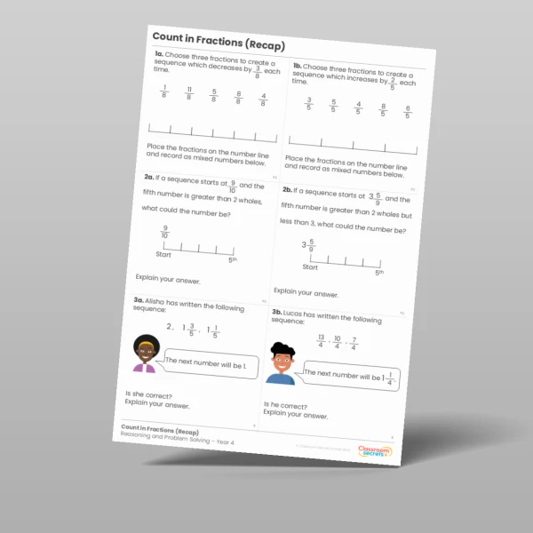 An image of the Count in Fractions (Recap) Reasoning and Problem Solving Resource