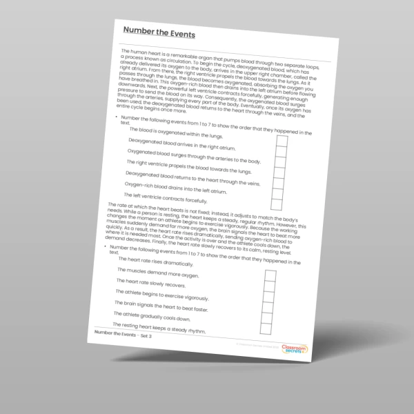 An image of the Number the Events Reading Practice - The Heart Resource