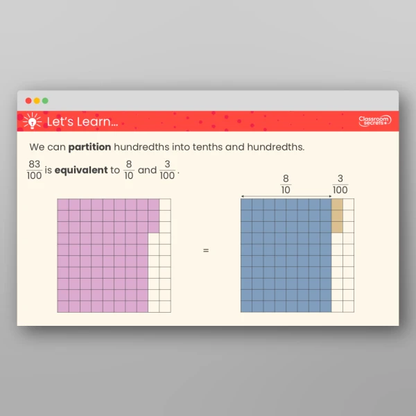 An image of the Hundredths as Fractions Teaching PPT Resource