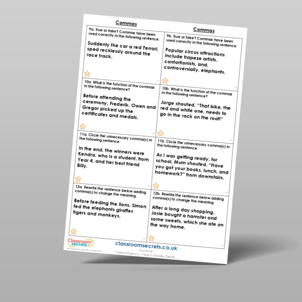 An image of the Commas Varied Fluency Resource