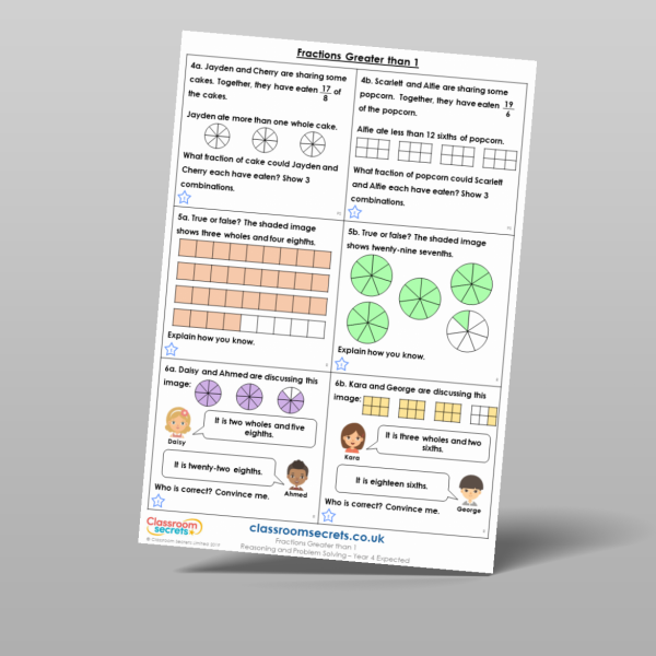 Year 4 Fractions Greater Than 1 Reasoning And Problem Solving Resource ...