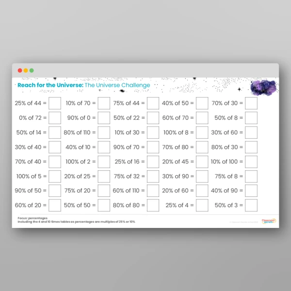 An image of the Challenge 15 The Universe Percentages Times Tables Resource