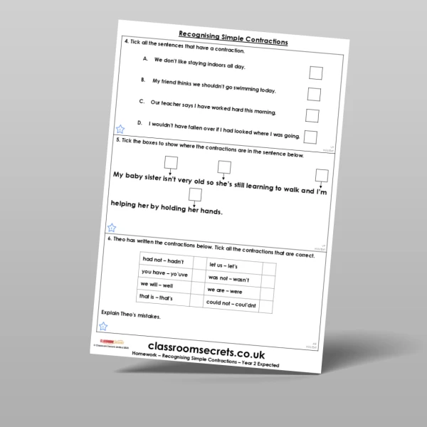 An image of the Recognising Simple Contractions Homework Resource