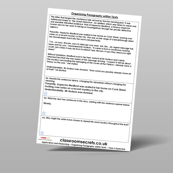 An image of the Organising Paragraphs within Texts Application and Reasoning Resource