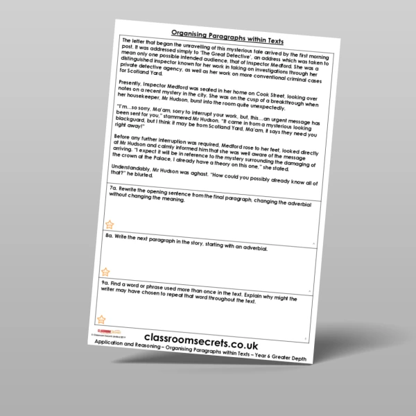 An image of the Organising Paragraphs within Texts Application and Reasoning Resource