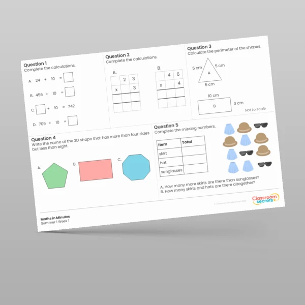 An image of the Free Summer 1 Week 1 Maths in Minutes Resource
