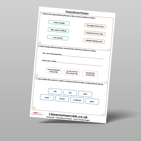 An image of the Prepositional Phrases Homework Resource