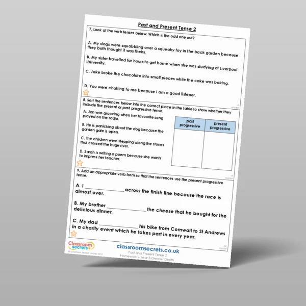 An image of the Past and Present Tense 2 Homework Resource