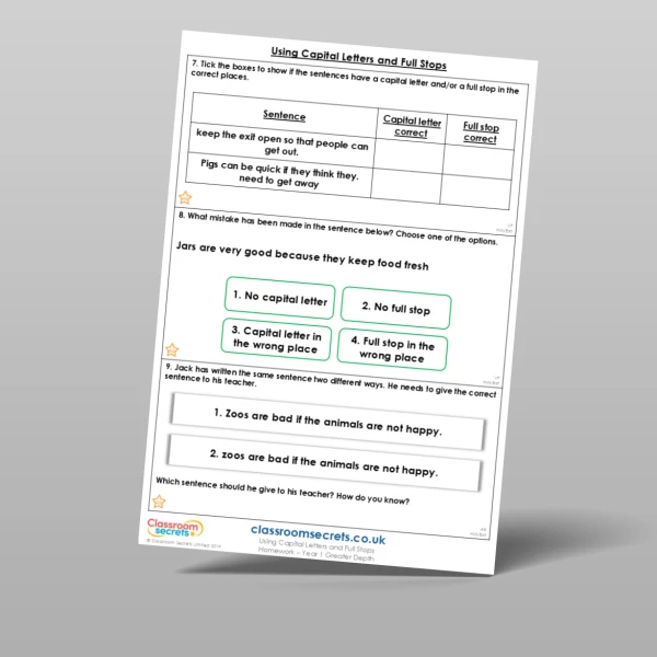 An image of the Using Capital Letters and Full Stops Homework Resource