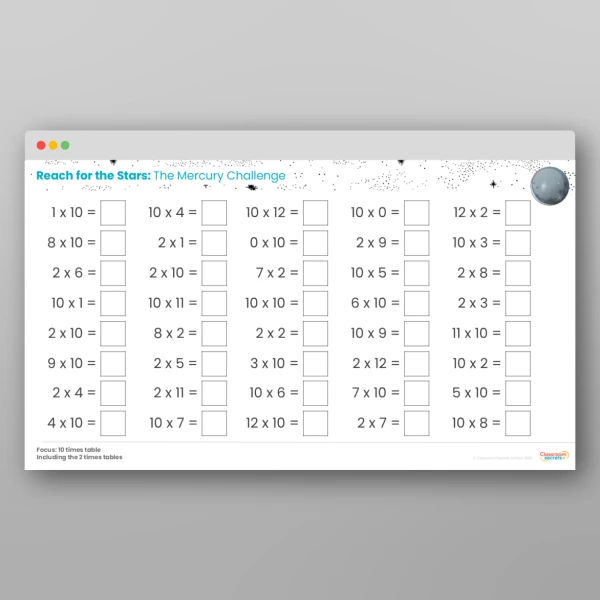 An image of the Challenge 2 Mercury 10 Times Table Resource