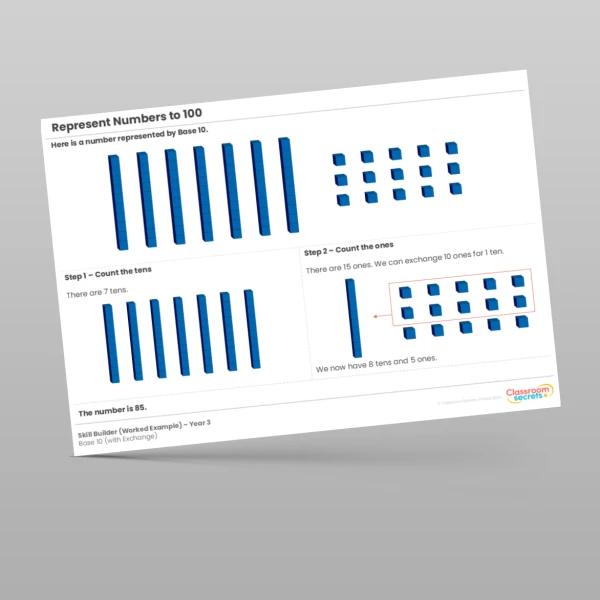 An image of the Represent Numbers to 100 Base 10 (with Exchange) Skill Builder Resource