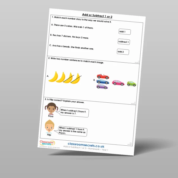 An image of the Add or Subtract 1 or 2 Homework Resource