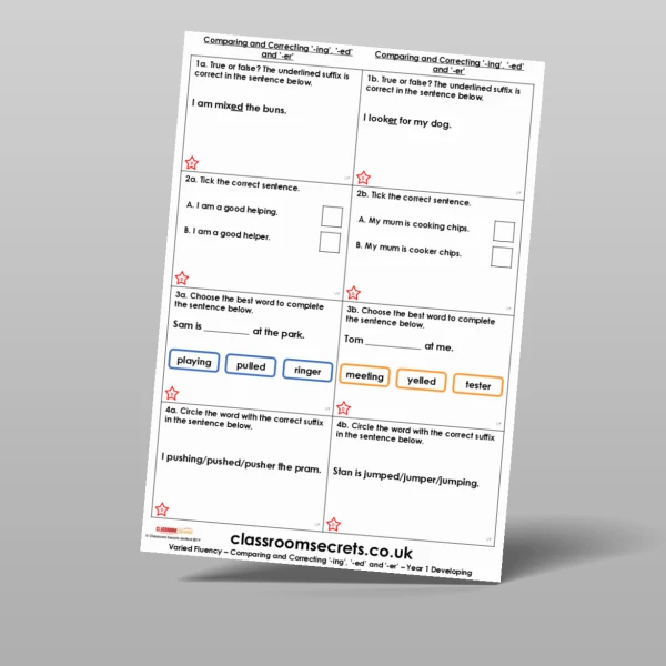 An image of the Comparing and Correcting '-ing', '-ed' and '-er' Varied Fluency Resource