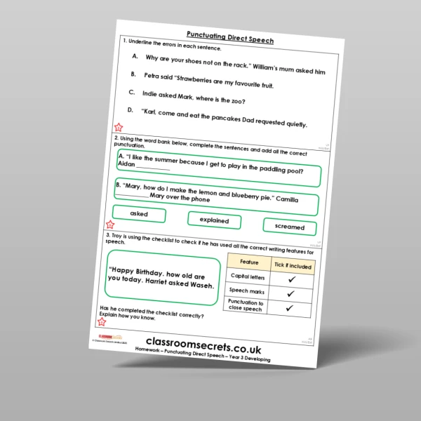 An image of the Punctuating Direct Speech Homework Resource