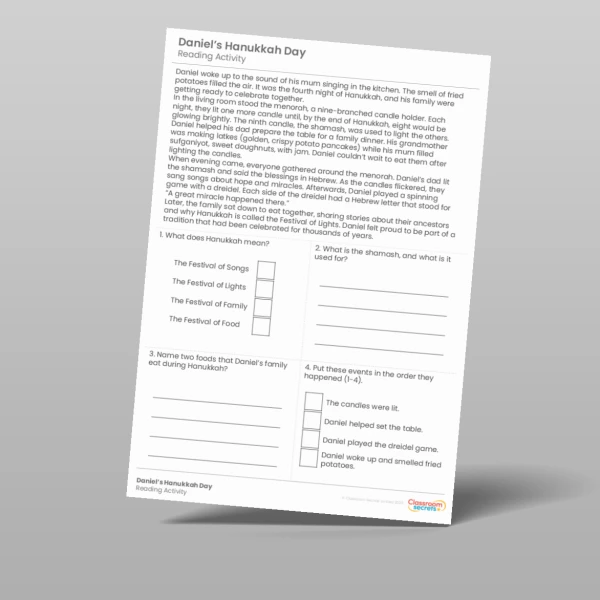 An image of the Hanukkah Reading Activity Resource