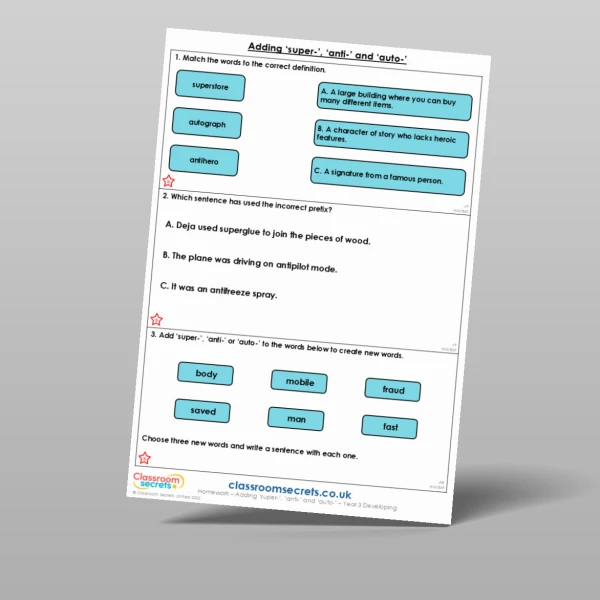 An image of the Adding ‘super-’, ‘anti-’ and ‘auto-’ Homework Resource