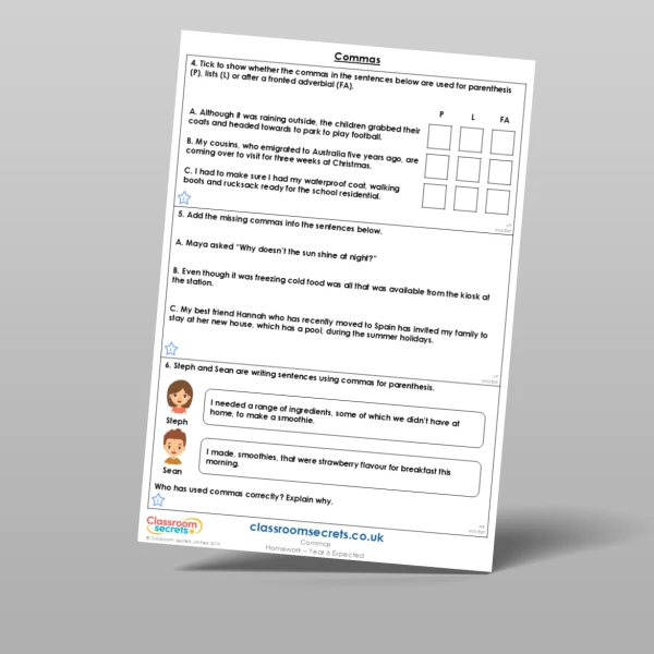 An image of the Commas Homework Resource