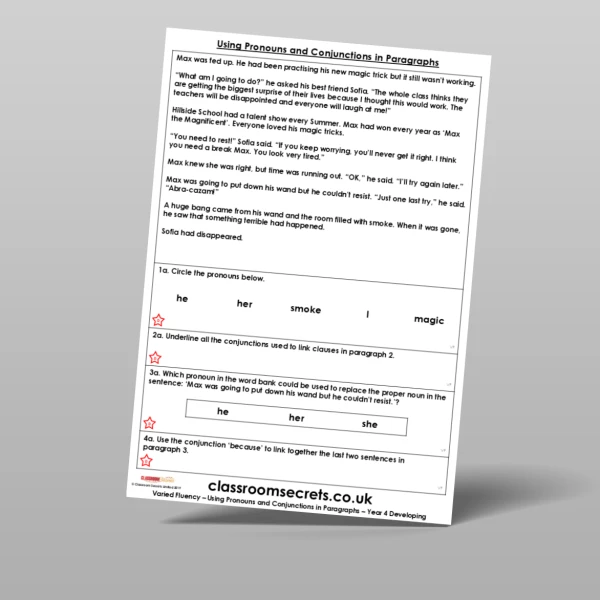 An image of the Using Pronouns and Conjunctions in Paragraphs Varied Fluency Resource