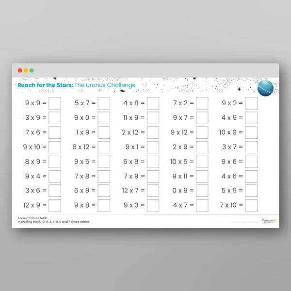 An image of the Challenge 9 Uranus 9 Times Table Resource