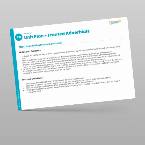 An image of the Fronted Adverbials Unit Plan Resource
